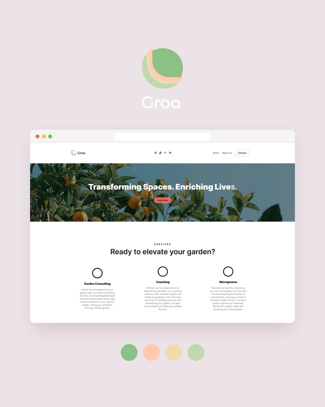 The Groa website in a browser window, with the Groa logo and brand palette