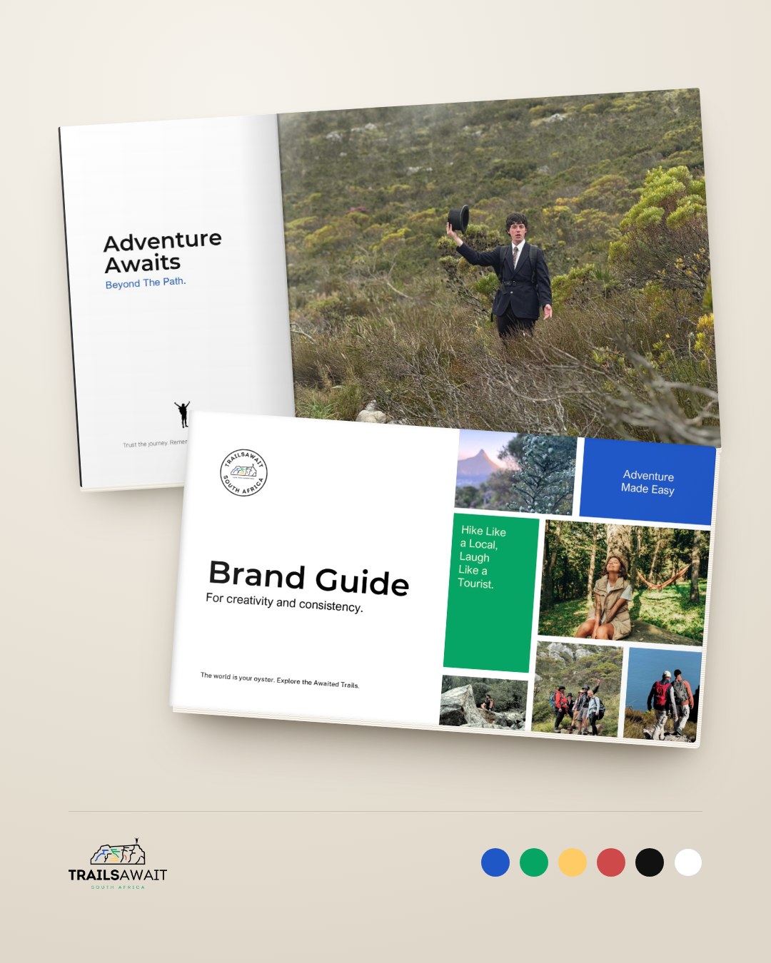 The Trailsawait badge on brand blue, with the brand palette